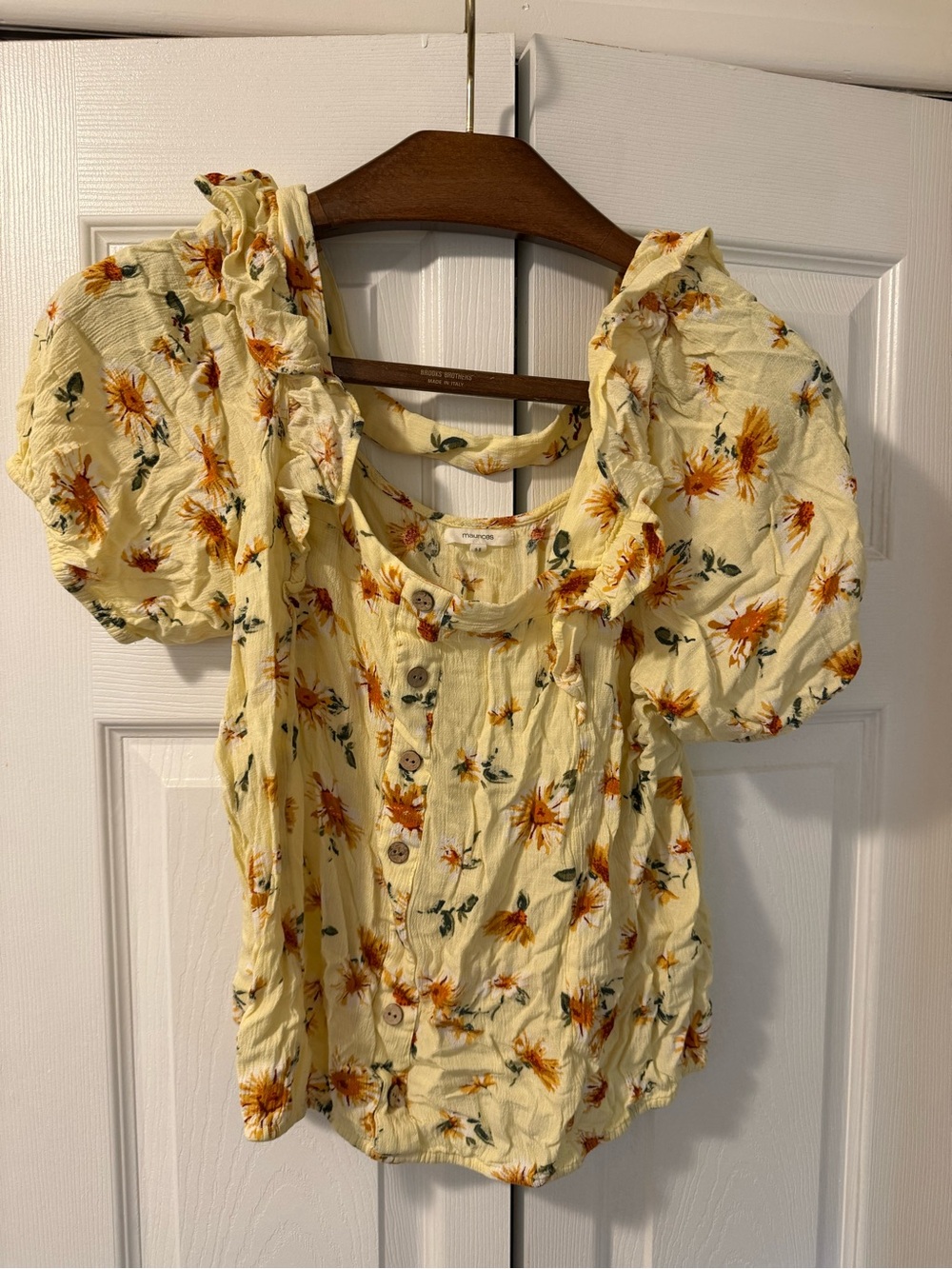 Maurices Yellow Floral Puff-Sleeve Button Front Blouse
